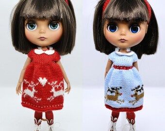 Vestido navideño de reno Fair Isle de Blythe, conjunto azul y rojo tejido a mano para muñeca BJD de 12 pulgadas.