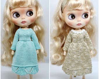 Blythe Hand Knit Long Sleeve Midi Dress with Umbrella Flounce Trim, Outfit for 12 inch BJD, Doll Clothes