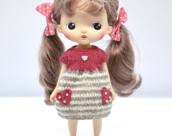 Holala Doll Knit Pink Hearts Dress Hair Accessories Set, Knitted Outfit for 8 inch Monst Doll, Hachichi Middie Blythe Bokka Clothes