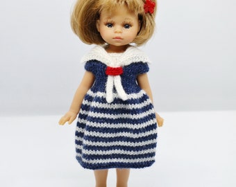 Knit Sailor Dress with Collar for Paola Reina Mini Amigas, Blue and White Doll Clothes, Striped Knitted Outfit