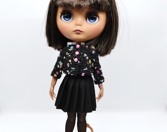 Blythe Black Speckled Sweater & Pleated Skirt, Hand Knitted Doll Clothes, Outfit Fits 1/6 Scale BJD