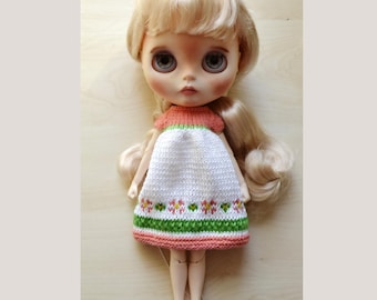Knitted Flower Dress for Blythe Doll, Knit 12 inch BJD Doll Dress Outfit Clothes