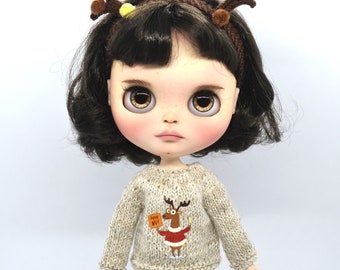 Blythe Doll Christmas Clothes Outfit Set, Knitted Deer Sweater Jumper, Knit Antlers Headband for 12-inch Collectible Doll