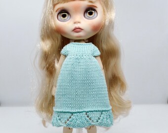 Blythe Doll Knitted Cotton Light Blue Midi Dress with Umbrella Flounce Trim, 1/6 Scale BJD Clothes Outfit