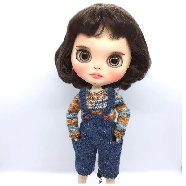 Conjunto de suéter abigarrado con mono de mezclilla azul de tweed tejido para muñeca Blythe, peto de punto para muñeca de 12 pulgadas, conjunto de ropa de mono, juguete para adultos