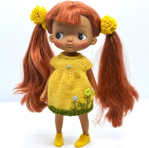 Holala Doll Knit Yellow Dress, Pompom Tail Bands Set, Knitted Outfit for 8 inch Monst Middie Blythe MZZM Doll Clothes, Collectible Souvenir