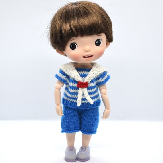 MZZM Holala Boy Knit Sailor Suit, Knitted T-shirt and Shorts, 8 inch Doll Middie Blythe Monst Outfit Clothes, Collectible Souvenir