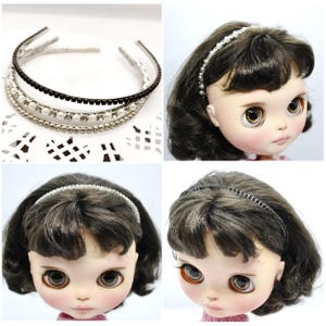 Blythe docka strass pannband – metall hårband med svarta, vita och klara kristallstenar – 12 tums docktiara tillbehör