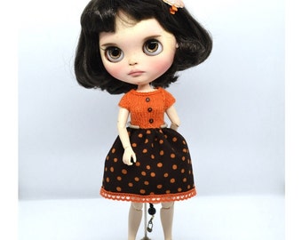 Blythe Doll Brown Orange Polka Dot Dress and Pumpkin Hair Clip, 12 inch Doll Halloween Clothes Outfit