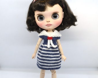 Blythe Knit Sailor Dress with Collar, Blue White Doll Clothes, Striped Knitted Outfit