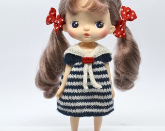 Sukienka marynarska Holala Doll Knit Sailor Dress, strój w paski MZZM Doll, ubrania Monst White Blue o długości 8 cali