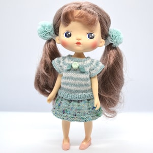 Knit Striped Dress for Holala Doll, Collectible Souvenir, Mint White Outfit for 8 inch Doll, Hachichi Middie Blythe MZZM Clothes Tail Bands