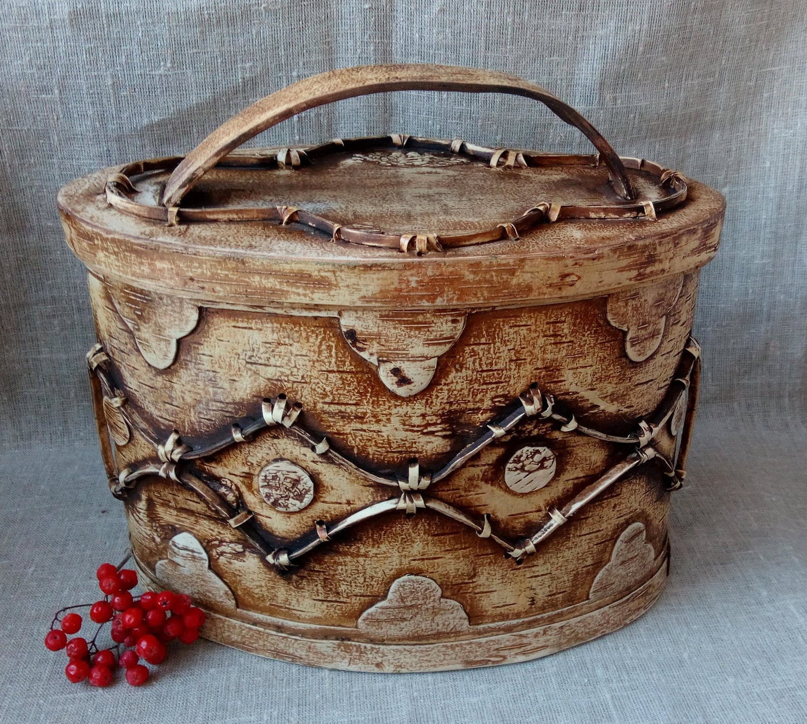 Large birch bark box bread box carved bin Rustic style Etsy