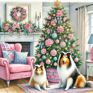 Rough Collie Christmas Tree with puppy scene, Christmas, rough collie, dog lover
