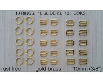30 pieces including 10 rings, 10 sliders, 10 hooks. Bra making supplies. Strap adjuster set Lingerie making. Bowtie hooks adjusters. Bow tie