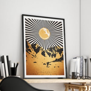 Beaming Sun Print, Mid Century Wall Art, Retro Collage Art Minimalist Print Poster Trippy Mountains Print Home Gift Psychedelic Wall Art