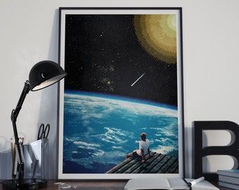 Outer Space Print, Space Wall Art, Collage Print Wall Art, Intergalactic Art, Planet Earth Poster, Retro Wall Art, Outer Space Collage Art