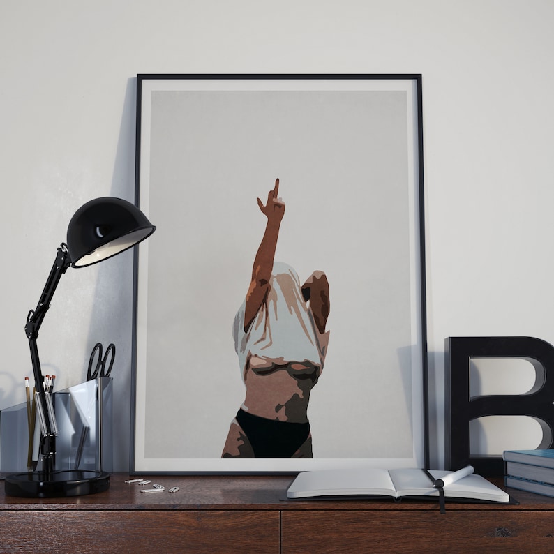 May include: A digital illustration of a person with a white shirt pulled up over their head, giving the middle finger. The background is a light gray color.