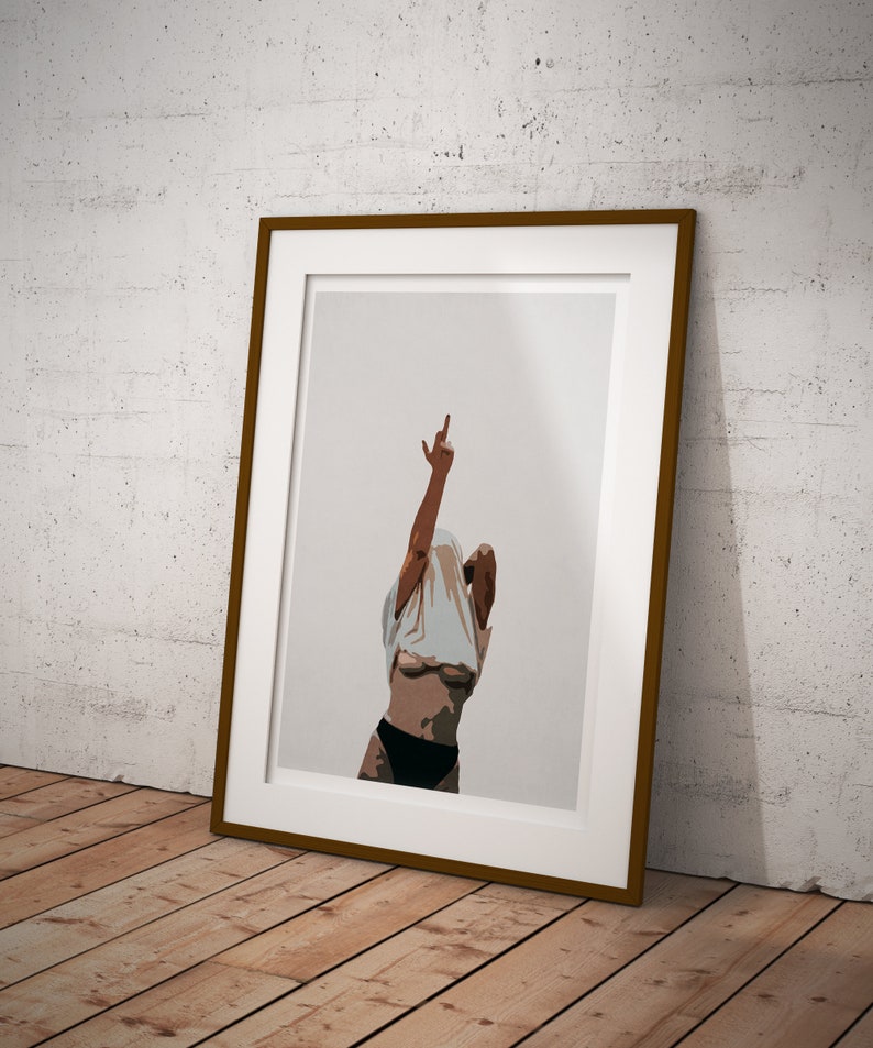 May include: A framed illustration of a person with their shirt pulled up, giving the middle finger. The background is a light gray.