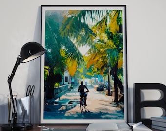 Bali Bike Art Print: Tropical Palm Trees, Colorful Travel Poster