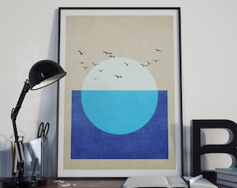 Abstracte vogelprint: moderne Scandinavische muurkunst uit het midden van de eeuw