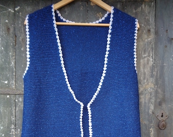 Vintage Knitwear; Vintage Vest; Dark Blue Hand Knitted Vest with White Crochet Edges; Long Vest size M; Blue Shining Yarn Knitwear Vest Vtg