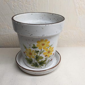 Può includere: Vaso di fiori in ceramica bianca con un bordo marrone e un sottovaso. Il vaso ha una smaltatura macchiettata e un motivo floreale con fiori gialli e foglie verdi.