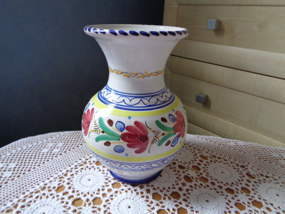 Vintage Studio Pottery Hand Painted Ceramic Vase H8"/ 20cm; White Vase ...