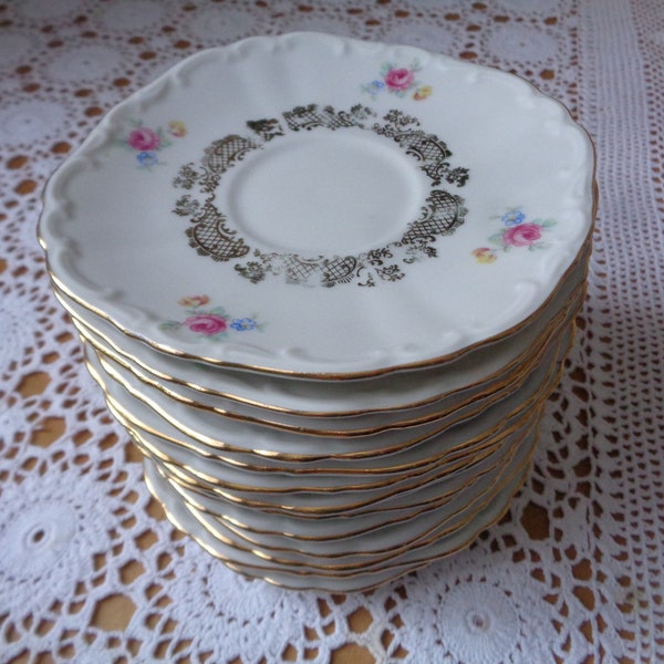 Lot of 10 German Vintage Saucers / Cake Plates; Bareuther Waldsassen Bavaria Porcelain 5" Small Plates with Flowers & Golden Patterns