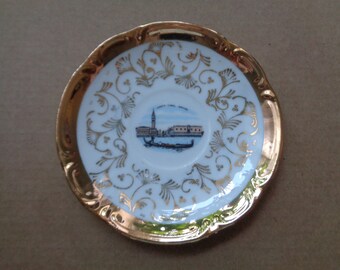 Vintage Bavaria Porcelain Dish dia 4"/ 10cm, Miniature Plate with Venezie Canal Grande and Golden Rim; Trinket Dish; Ring Bowl
