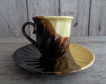 Vintage Pottery; Drip Glaze Ceramic Coffee /Tea Set; Vintage Cup & Saucer Brown / Yellow Drip Glaze Stoneware Coffee Set; Ribbed Ceramic Set