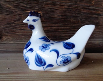 Vintage Porcelain Hen statuette, Blue & White Hand Painted Porcelain Hen, China Hen Figurine, Vintage Home Decor, Kitchen Decor
