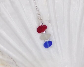 Sea Glass Stacked Necklace, Sterling Silver Necklace, Red White & Blue Sea Glass, Seaham Sea Glass