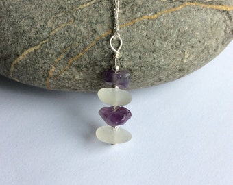 Sea glass necklace, Amethyst necklace, Sterling silver, Seaham sea glass, English sea glass