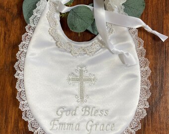 New!Baptism’Baby Grace’Bib~Satin~Lace~Baby Pearl Necklace Trim Detail~Personalized ~Christening Keepsake~Godchild Gift~Customer Favorite