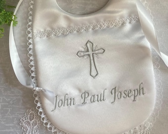 Handmade Personalized Baptism Bib: White Satin Cross Embroidery, Style Joseph