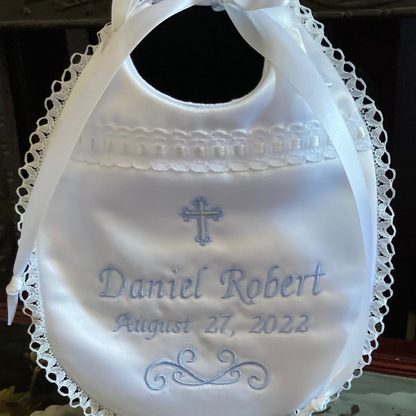 Custom Baptism Bib~’Liam’~Personalized~Satin~Linen/Cotton Fancy Dress Up~Gold~Blue~Silver~New Baby Gift~Godson~Church Dedication~Blessing