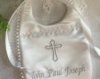 Baptism’Joseph'Bib ~Custom Satin~Personalized White Church Bib~Baby Christening~Dedication~Godchild FancyKeepsake~Grandchild Religious Gift~