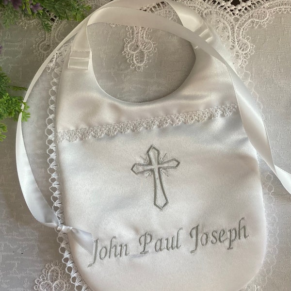 Baptism’Joseph'Bib ~Custom Satin~Personalized White Church Bib~Baby Christening~Dedication~Godchild FancyKeepsake~Grandchild Religious Gift~