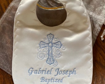 A 'My Precious'~Boy~Girl Baptism~Christening Bib~Blue~Gold~Silver Embroidery~Personalized~Godchild Welcome New Baby~Custom Special Occasion