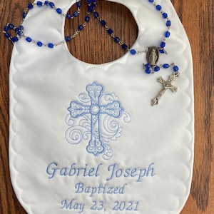 Personalized Baptism Bib: Embroidered Cross, Satin or Linen Look, 'My Precious' Godchild Gift