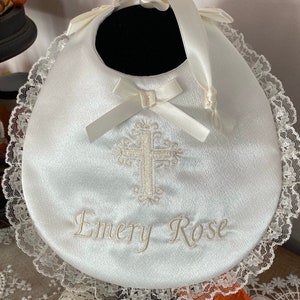 Personalized Ivory Satin Baptism Bib: Embroidered Cross, Christening/Godchild Gift, ‘Bib Gabriella’
