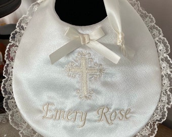 The’Gabriella’~Shiny Light Ivory Or Matte Ivory Satin Baptism Bib~Personalize~Lace&Embroidery~Christening~Dedication~Godchild~New Baby Gift