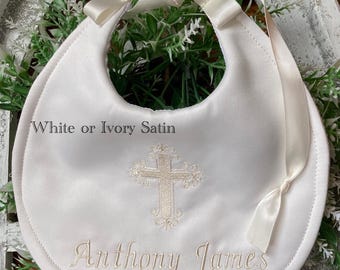 Personalized Baptism Bib: Embroidered Cross, Satin or Linen, Bib #J4