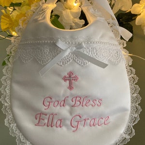 Baby’Faith’~Baptism Bib~Christening White Satin~Linen Look~Pearl/Lace Bib~Fancy Church Blessing Bib~Keepsake~Handmade Godchild Gift