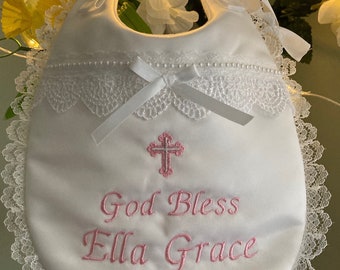 Personalized Baptism Bib: White Satin, Pearl Lace, Handmade Keepsake, BibStyle ‘Baby Faith’