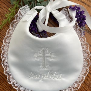 Personalized Baptism Bib: White Satin or Linen, Keepsake Gift For Baby, Bib Style Maria