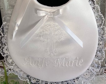 The’Maria' Baptism Custom Fancy Dressy Church Bib~Christening~Dedication ~Blessing~White Satin Fabric~White Or Ivory Embroidery~Godchild Gif