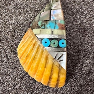 Turquoise, Silver, Mother-of-Pearl Pendant Necklace, Inlay Mosaic on Shell, Santo Domingo Kewa Pueblo, New Mexico
