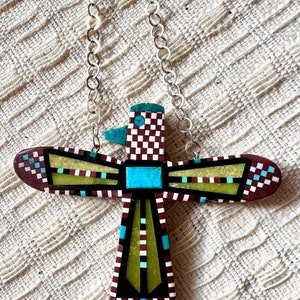 Inlaid Turquoise, Gemstone Thunderbird Necklace 12" Pendant, Santo Domingo Kewa Pueblo, by Eugene and Georgia Sanchez, Rare,